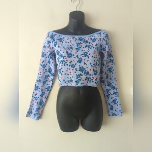 Floral Blue Off The Shoulder Jacqard Knit Long Sleeve Women's Size Medium Blue
